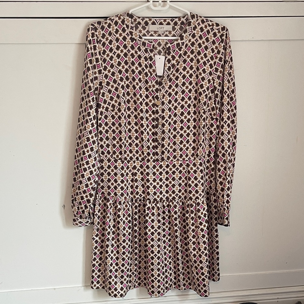 LOFT Geometric Pattern Dress - Pink, Brown , Cream
